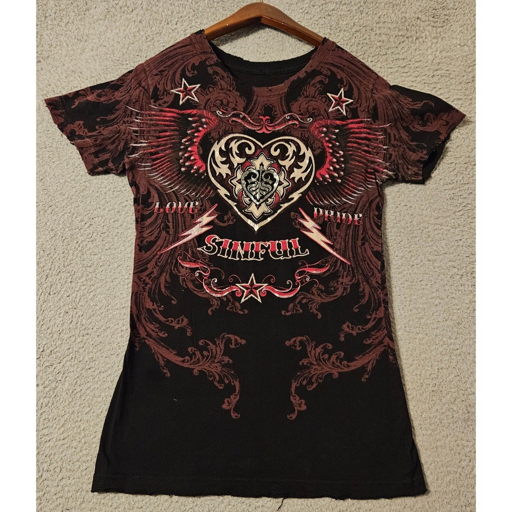 Sinful Affliction Womens Large Black Winged Heart Graphic T-Shirt Y2K MMA Style